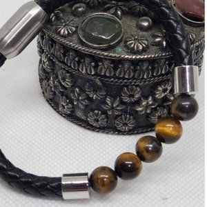 Men's Tiger's Eye Black Braided Leather Magnetic Bracelet